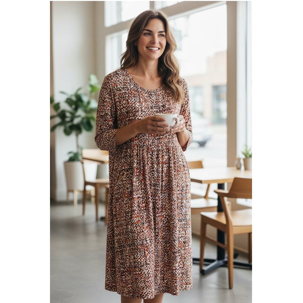 J. Jill Stretch Knit Midi Shift Print Dress Button Front 3/4 Sleeve - Medium